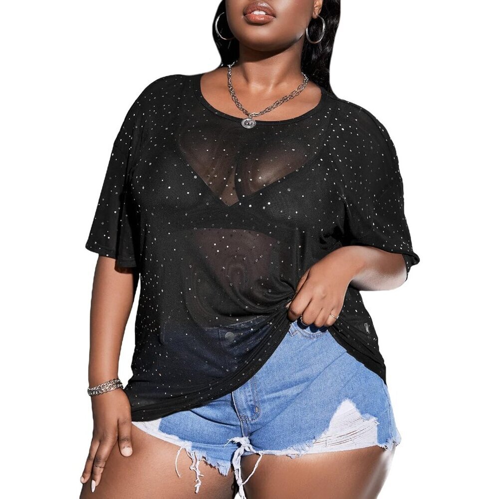 Women's Plus Size Sheer Sequin Top Short Sleeve Mesh Party Shirt
